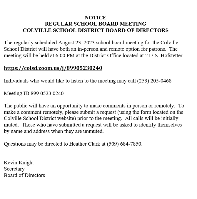 School Board Meeting Notice