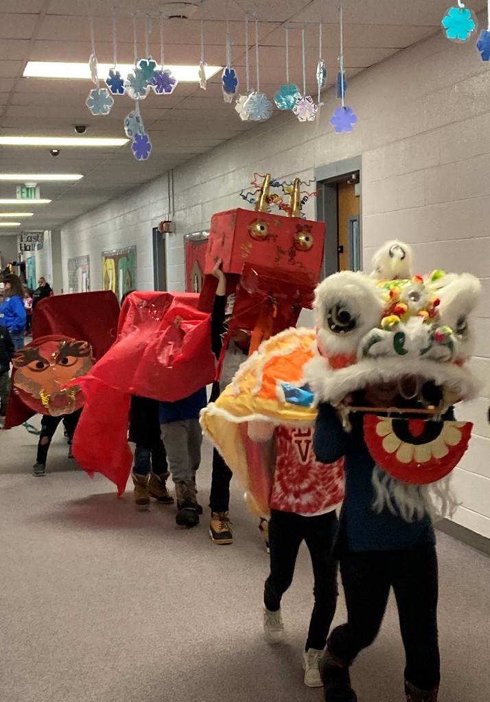 Our hallway dragons worn by some second graders