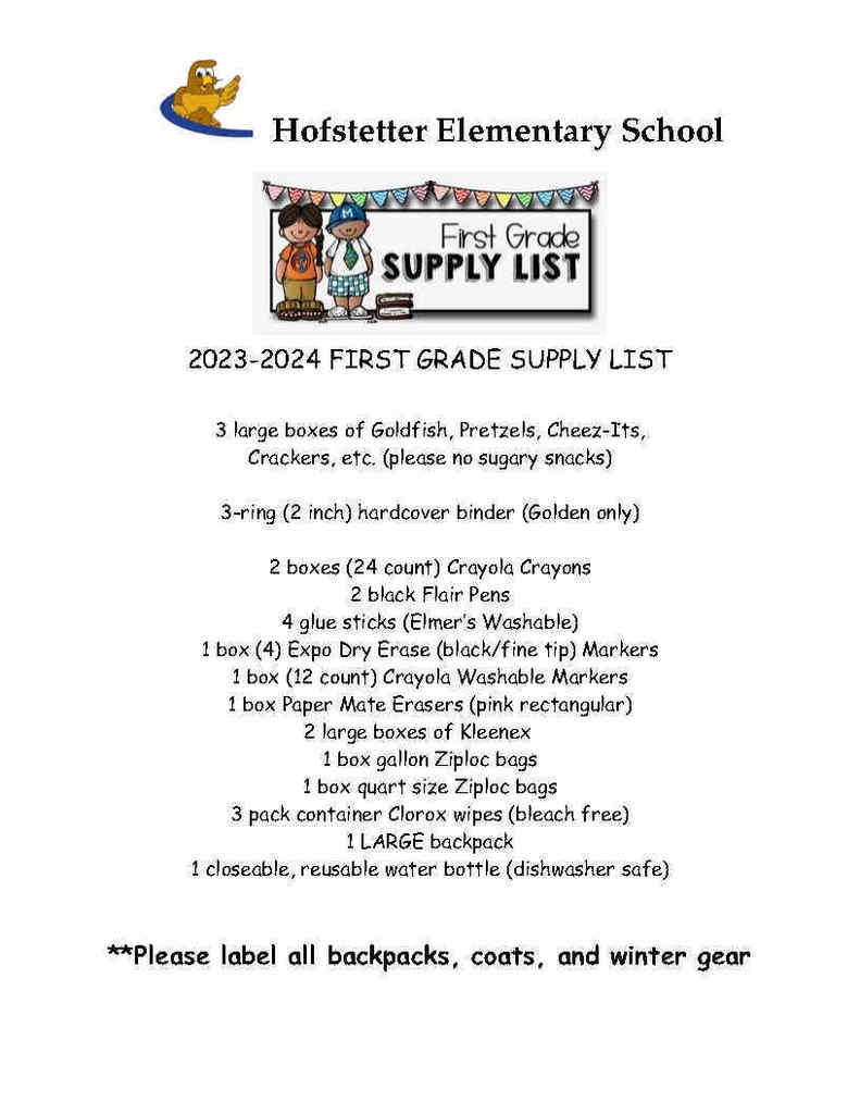 1st Grade Supply List