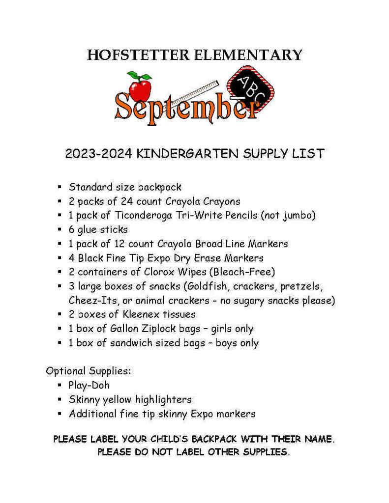 Kindergarten Supply List