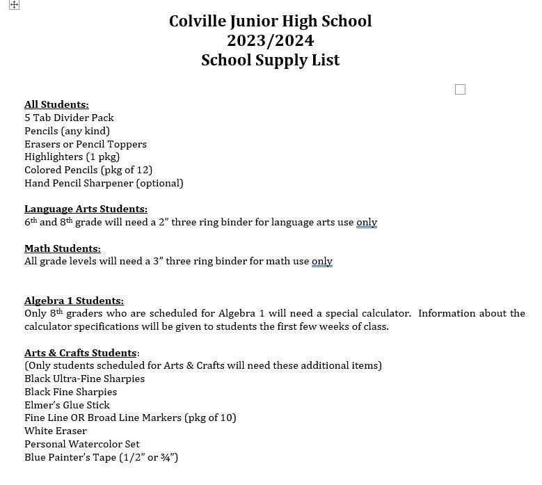 CJHS School Supply List 2023/24